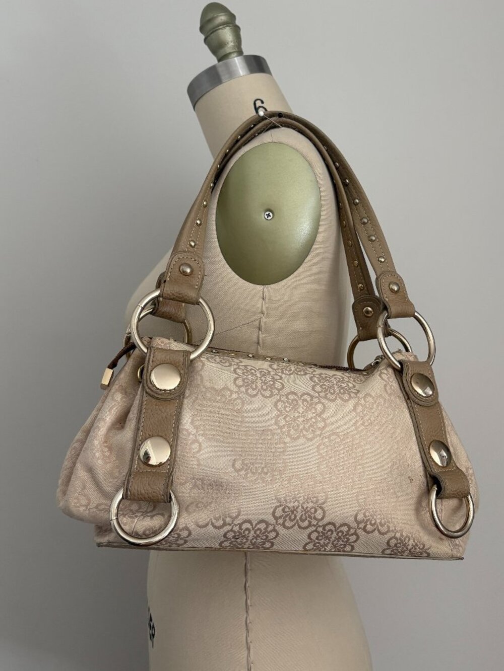 Kathy Van Zeeland Vintage Canvas Shoulder Bag Satchel Tan Cream Studded Ring Y2K